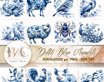 Delft Blue Animals Clipart Set, Cobalt Blue Watercolor Animals PNG, Dutch Porcelain Style Farm Animals, Blue Floral Clip Art