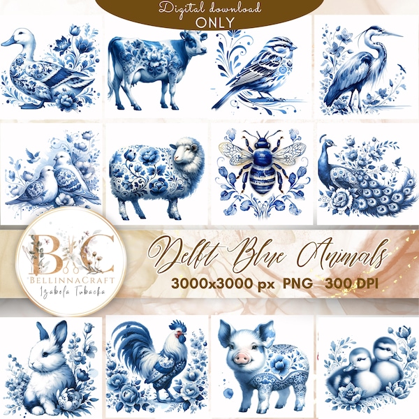 Delft Blue Animals Clipart Set, Cobalt Blue Watercolor Animals PNG, Dutch Porcelain Style Farm Animals, Blue Floral Clip Art