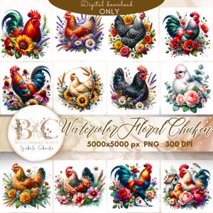 Bundle de cliparts floral aquarelle de poulet, illustrations de coq et de poule, animaux de la ferme, décor de ferme vintage, conception de sublimation de poulet PNG