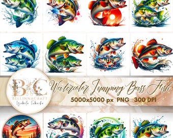 Watercolor Jumping Bass Fish Clipart Bundle, Funny Bass Fish, Fishing Fish PNG, High Quality PNG, Fishing PNG, 12 Bass Fish Illustrations