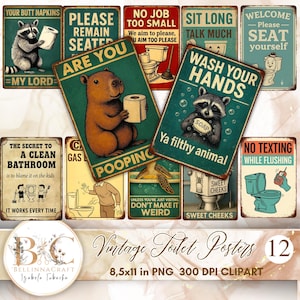 May include: A collection of vintage-style toilet posters with humorous illustrations and text. The posters feature animals, toilet-related puns, and retro designs. The collection includes 12 unique designs, each measuring 8.5 x 11 inches.