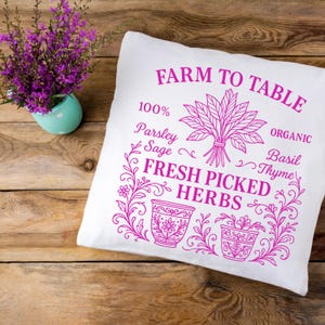 Może przedstawiać: Biała kwadratowa poduszka z r&oacute;żową grafiką z napisem "Farm to Table Fresh Picked Herbs". Projekt zawiera ilustracje zi&oacute;ł, doniczek oraz słowa "Pietruszka, Szałwia, Bazylia i Tymianek". Mały turkusowy wazon z fioletowymi kwiatami znajduje się po lewej stronie.