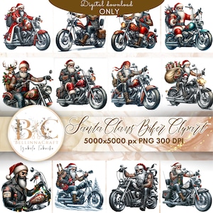 Ensemble de cliparts motard père Noël, clipart père Noël à cheval, moto père Noël PNG, clipart Noël. Sublimation du Père Noël, Pierre de Noël PNG