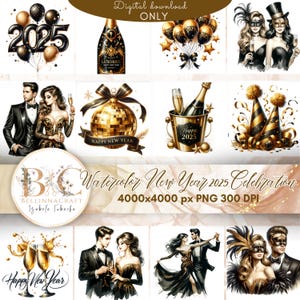 Watercolor New Year 2025 Celebration Clipart, Glam Black & Gold  New Year 2025, Happy New Year 2025, Celebration Clipart PNG, New Year PNG