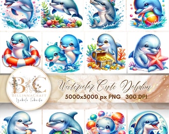 Aquarelle dauphin mignon Clipart, clipart bébé dauphin PNG, téléchargement numérique PNG de haute qualité, dauphins lunatiques, chambre de bébé Art PNG