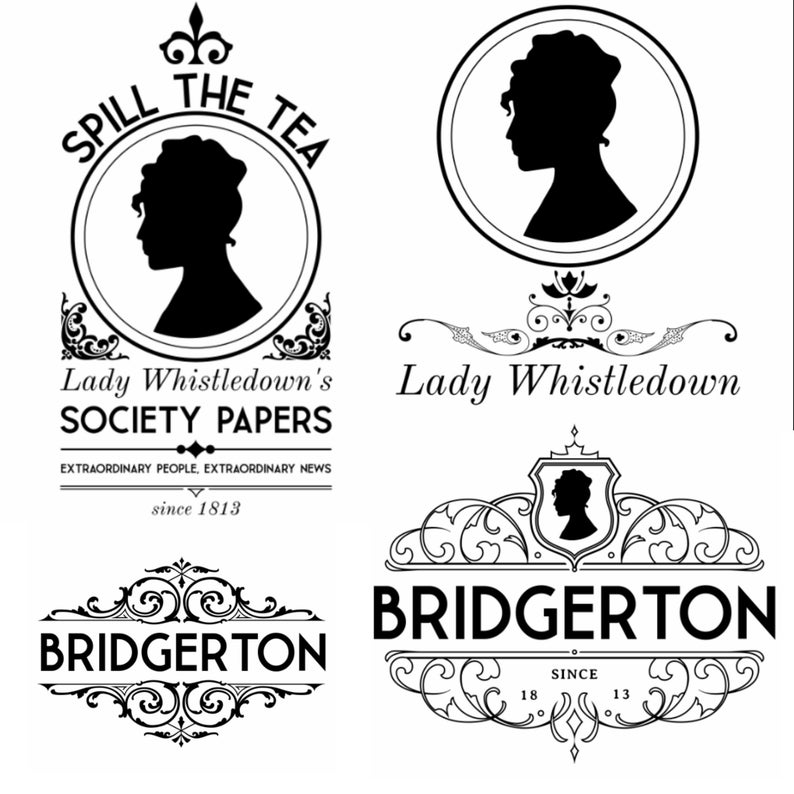 Pode incluir: Design gr&aacute;fico em preto e branco com o texto "Spill the Tea" em um c&iacute;rculo com uma silhueta de uma cabe&ccedil;a de mulher dentro. Abaixo do c&iacute;rculo est&aacute; o texto "Lady Whistledown's Society Papers" com o slogan "Extraordinary People, Extraordinary News" e "since 1813". O design tamb&eacute;m inclui um segundo gr&aacute;fico com o texto "Lady Whistledown" e um terceiro gr&aacute;fico com o texto "Bridgerton" e o texto "Since 1813".