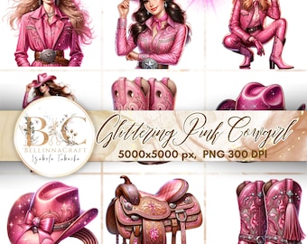 May include: A digital download set of nine pink glitter cowgirl themed images. The set includes a cowgirl wearing a pink glitter outfit, a saddle, a pair of boots, a hat, and a pair of boots. The images are 5000x5000 pixels and 300 DPI.