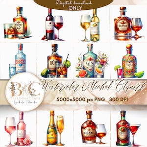 Aquarell Alkohol Clipart Bundle – Whisky, Wodka, Champagner, Wein, Rum, Tequila, Gin, Brandy, Cognac, Wermut – Bar Drink Illustrationen