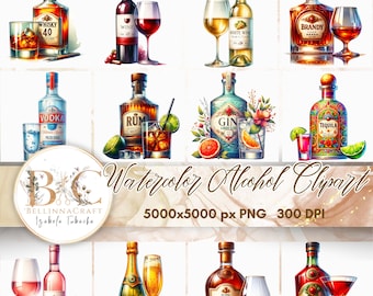 Watercolor Alcohol Clipart Bundle – Whiskey, Vodka, Champagne, Wine, Rum, Tequila, Gin, Brandy, Cognac, Vermouth – Bar Drink Illustrations