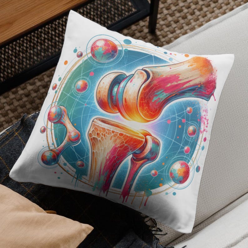 May include: White square throw pillow featuring a colorful illustration of a human joint. The artwork includes a detailed depiction of bone structures in shades of red, orange, and blue, set against a teal background with spherical accents.