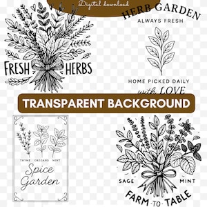 Może przedstawiać: Czarno-białe pobranie cyfrowe z ilustracjami zi&oacute;ł i przypraw. Zawiera tekst: "Fresh Herbs", "Herb Garden Always Fresh", "Home Picked Daily with Love", "Spice Garden" i "Farm-to-Table". Tło jest przezroczyste.