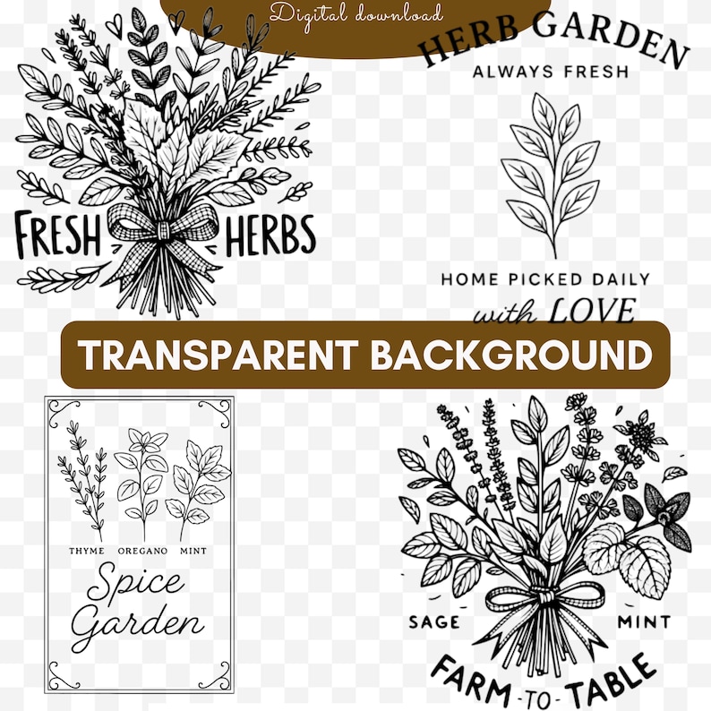 Może przedstawiać: Czarno-białe pobranie cyfrowe z ilustracjami zi&oacute;ł i przypraw. Zawiera tekst: "Fresh Herbs", "Herb Garden Always Fresh", "Home Picked Daily with Love", "Spice Garden" i "Farm-to-Table". Tło jest przezroczyste.
