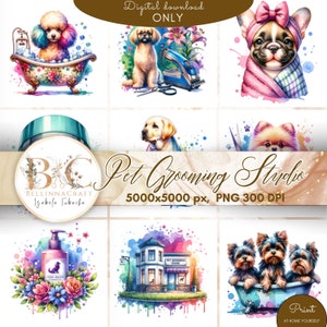 Clipart de peluquería canina en acuarela. Clipart de peluquería canina. Clipart de spa para perros. Peluquero de mascotas, spa para perros lindo, PNG para perros, suministros para mascotas