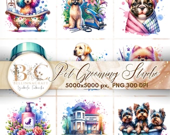 Watercolor Pet Grooming Salon clipart. Dog Grooming Salon Clipart. Dog Spa Salon Clipart.  Pet Groomer, Cute Dog Spa, Dog PNG, Pet Supplies