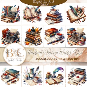 Peut inclure: Illustrations à l'aquarelle d'éléments de bureau d'écrivain vintage. Les images comprennent des piles de livres, des machines à écrire, des encriers, des tasses à thé et des plumes. Le texte "Digital download ONLY" et "Watercolor Vintage Writer's Desk" sont visibles.
