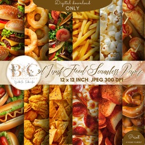 May include: A digital download featuring a collage of junk food images, including burgers, onion rings, tacos, fries, popcorn, and pizza. The text reads "3d Junk Food Seamless Paper" and "12 x 12 INCH JPEG 300 DPI".