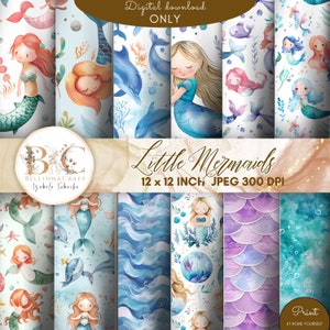 Papier numérique sans couture aquarelle petites sirènes, papier de scrapbooking, motifs de sirènes mignons, papier numérique pastel, art pour chambre d'enfant sirènes