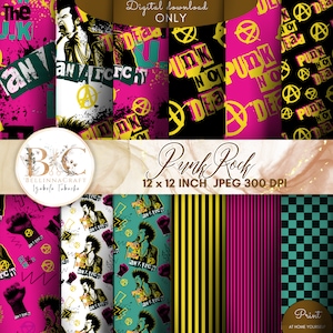 Papel digital sin costuras Punk Rock, papel de álbum de recortes punk, patrones de papel digital rock, papel digital punk, papel digital rosa, papel amarillo