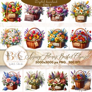 春の花かごのクリップアート、春の花のクリップアート、花かご、春の歓迎 PNG、水彩画の春の花のクリップアートの花束