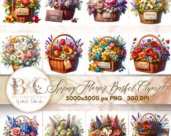 Spring Flower Basket Clipart, Spring Flower Clipart, Flower Basket, Welcome Spring PNG, Watercolor Spring Flowers Clipart Bouquet of Flowers