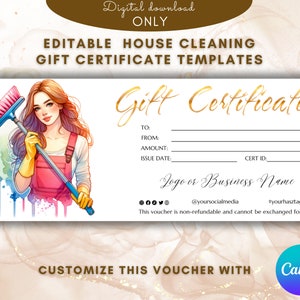 Plantilla de certificado de regalo de limpieza de la casa Tarjeta de regalo de limpieza vale de regalo Regalo de limpieza profesional imprimible Cuidado de la casa Limpieza de la casa