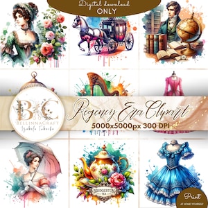 Watercolor Bridgerton and Regency Era Inspired Clipart, PNGs 12 High-Resolution 300 DPI Romantic Illustrations for Crafting and Decor