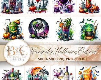 Clipart di cocktail di Halloween ad acquerello, grafica clipart di Halloween, clipart di bevande, PNG di Halloween, PNG di personaggi di Halloween, sublimazione di bevande