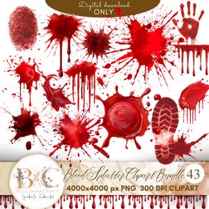 Blood Splatter Clipart PNG Bundle,  Horror Blood Stains, Handprints, Footprints, Halloween Red Ink Splatters, True Crime Scene,  Blood PNG