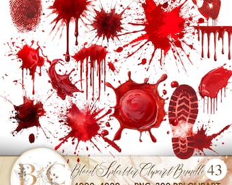 Blood Splatter Clipart PNG Bundle,  Horror Blood Stains, Handprints, Footprints, Halloween Red Ink Splatters, True Crime Scene,  Blood PNG