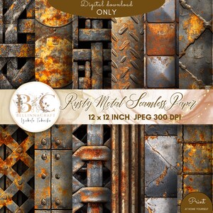 Pode incluir: Um download digital de padrões de papel sem costura de metal enferrujado de 30,5 x 30,5 cm. Os padrões incluem uma variedade de texturas, como uma grade, um padrão de diamante e uma textura de metal corrugado. O papel é de 300 DPI e pode ser impresso em casa.