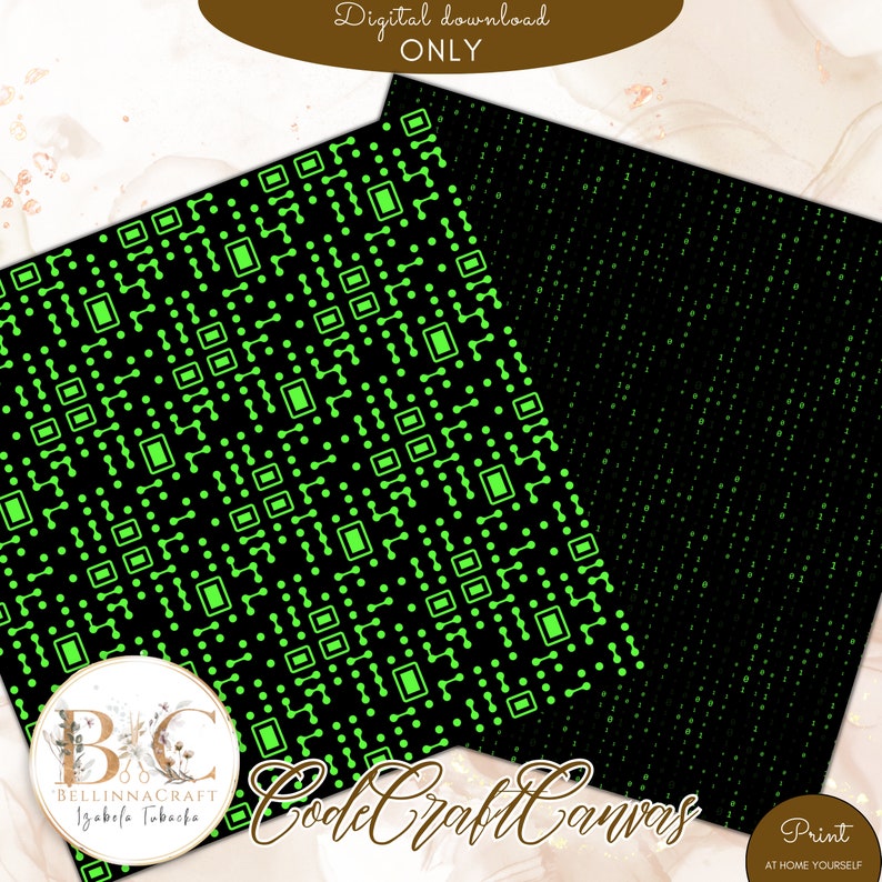 Peut inclure: Deux motifs de papier num&eacute;rique avec un fond noir et des formes g&eacute;om&eacute;triques vertes. Le premier motif pr&eacute;sente un motif r&eacute;p&eacute;titif de carr&eacute;s et de cercles. Le deuxi&egrave;me motif pr&eacute;sente un motif r&eacute;p&eacute;titif de 1 et de 0. Le texte "Code Craft Canvas" est visible en bas de l'image.