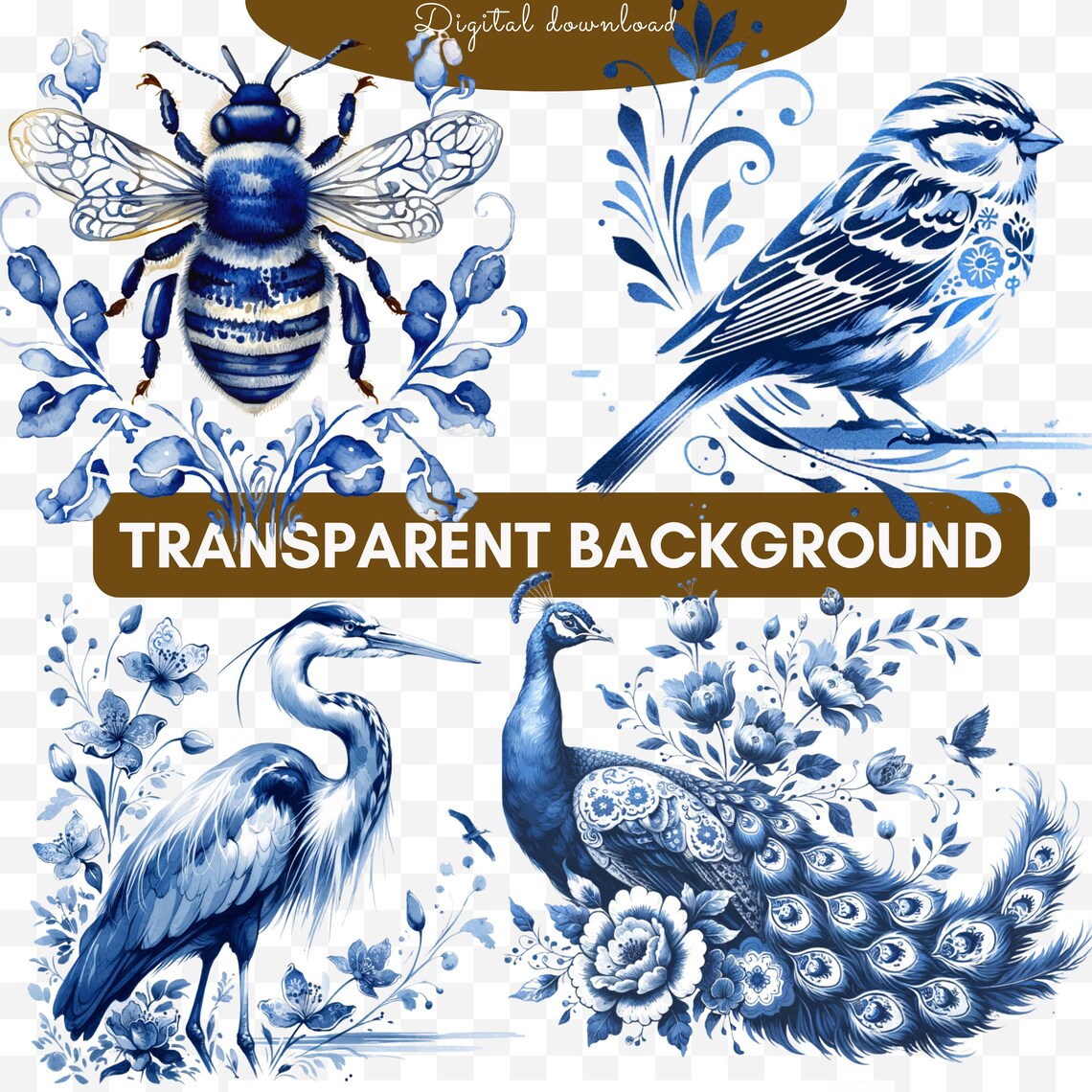 Delft Blue Animals Clipart Set, Cobalt Blue Watercolor Animals PNG ...
