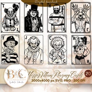 Cartas de baralho de vilão de terror, baralho inspirado no tarô gótico para impressão, clipart de personagens assustadores para decoração de Halloween, cartas de arte assustadoras SVG PNG