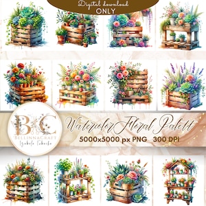 Aquarell Blumenpalette Gärten Clipart, blühende Paletten PNG, Vintage hölzerne Pflanzgefäße, rustikale Blüte Paletten, botanische Palette, Pflanzendekor