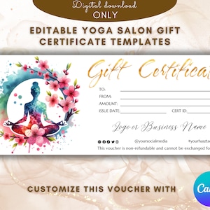 Modello di buono regalo per salone di yoga Modello di carta regalo eleganteYoga buono regalo Voucher stampabile Modello di carta per lezioni di yoga MODIFICABILE zen