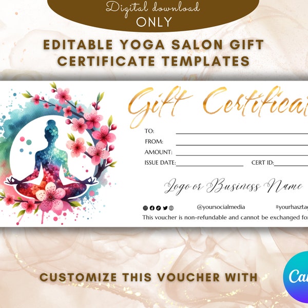 Yoga Salon Gift Certificate Template ElegantYoga gift card template gift voucher Printable Voucher EDITABLE yoga classes card template zen