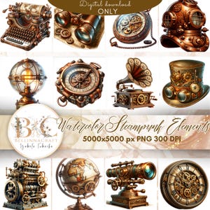 Paquete de imágenes prediseñadas de elementos steampunk en acuarela Arte tecnológico PNG Amante de la tecnología Elementos vintage Cosas steampunk PNG Diario basura Álbum de recortes