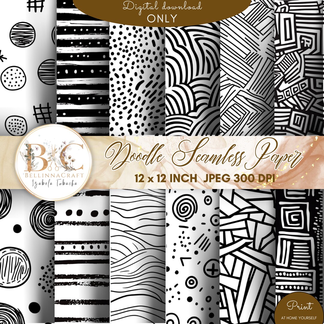 Black and White Doodle Seamless Digital Paper, B&W Background Bundle ...