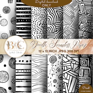 Black and White Doodle Seamless Digital Paper, B&W background bundle scrapbook sheets printable, Doodle Backgrounds, Doodle Patterns