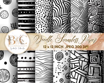 Papel digital sin costuras con garabatos en blanco y negro, paquete de hojas de álbum de recortes imprimibles con fondo en blanco y negro, fondos de garabatos, patrones de garabatos