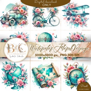 Aquarell Blumen Reise Shabby Chic Clipart, Blumen Retro Reise Reise Reise, Kartenherstellung, Digitales Papier, Vintage Reise, Vintage Reise