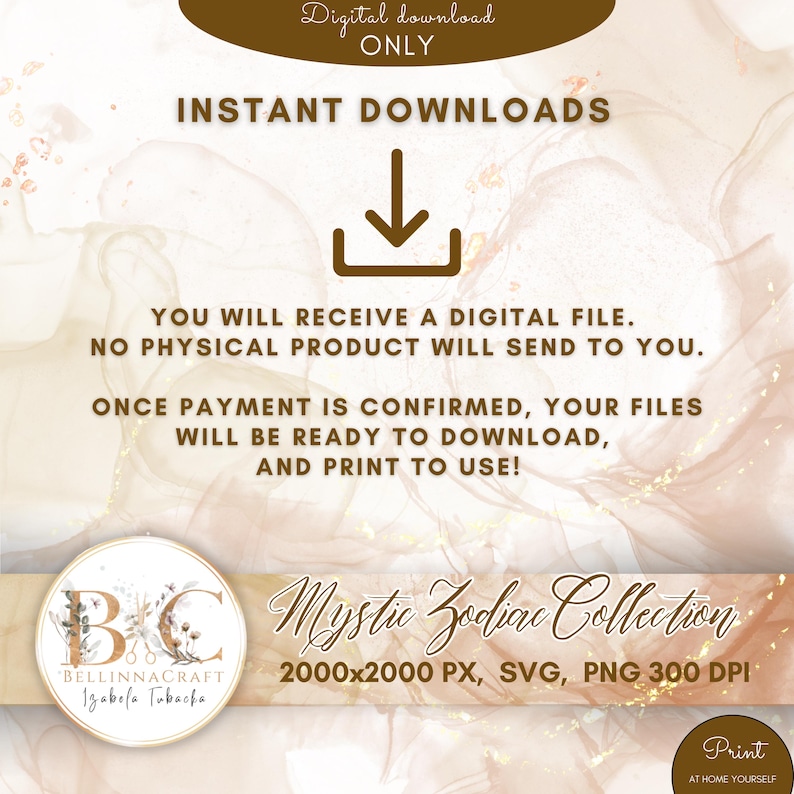 May include: Digital download graphic with a watercolor background in shades of pink and gold. The text reads "Instant Downloads" and "Mystic Zodiac Collection 2000x2000 PX, SVG, PNG 300 DPI".