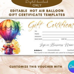 Plantilla única de certificado de regalo en globo aerostático Plantilla de tarjeta de regalo en globo Vale de regalo Vale de aventura en el cielo imprimible Tarjeta de regalo de Sky Tour