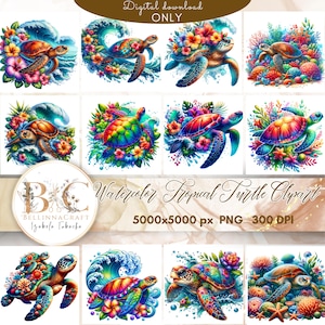 Clipart de tortuga tropical en acuarela, paquete PNG de tortuga marina, arte floral de animales marinos en la playa, PNG de alta calidad, PNG de tortuga marina con flores