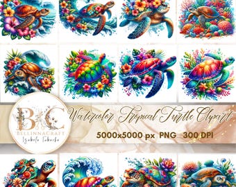 Watercolor Tropical Turtle Clipart, Sea Turtle PNG Bundle, Ocean Beach Floral Marine Animal Art, High Quality PNG, Flower Sea Turtle PNG