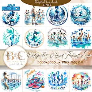 Puede incluir: Colección de logotipos de aqua fitness en acuarela. Los diseños incluyen siluetas de personas haciendo ejercicio en el agua, con textos como "Aqua Aerobics", "Aqua Zumba" y "Aqua Workout". Los logotipos son en tonos azules y turquesas.