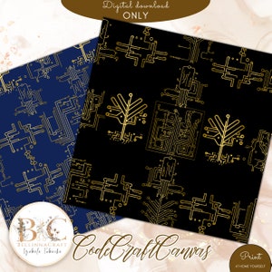 Peut inclure: Deux motifs de papier num&eacute;rique avec un motif de circuit imprim&eacute; dor&eacute; sur fond noir et bleu marine. Le texte "Code Craft Canvas" est visible sur l'image.