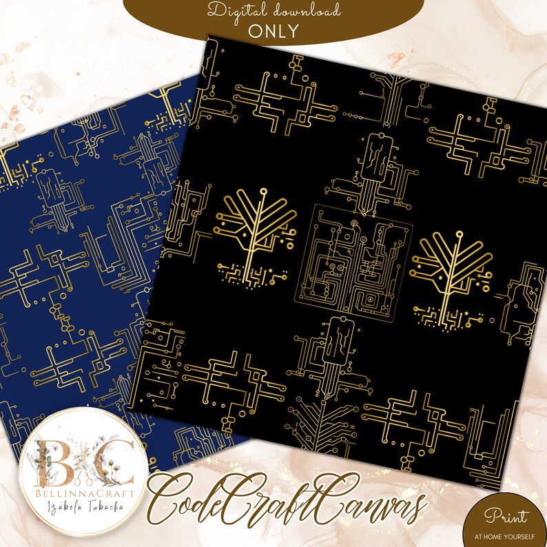 Peut inclure: Deux motifs de papier num&eacute;rique avec un motif de circuit imprim&eacute; dor&eacute; sur fond noir et bleu marine. Le texte "Code Craft Canvas" est visible sur l'image.