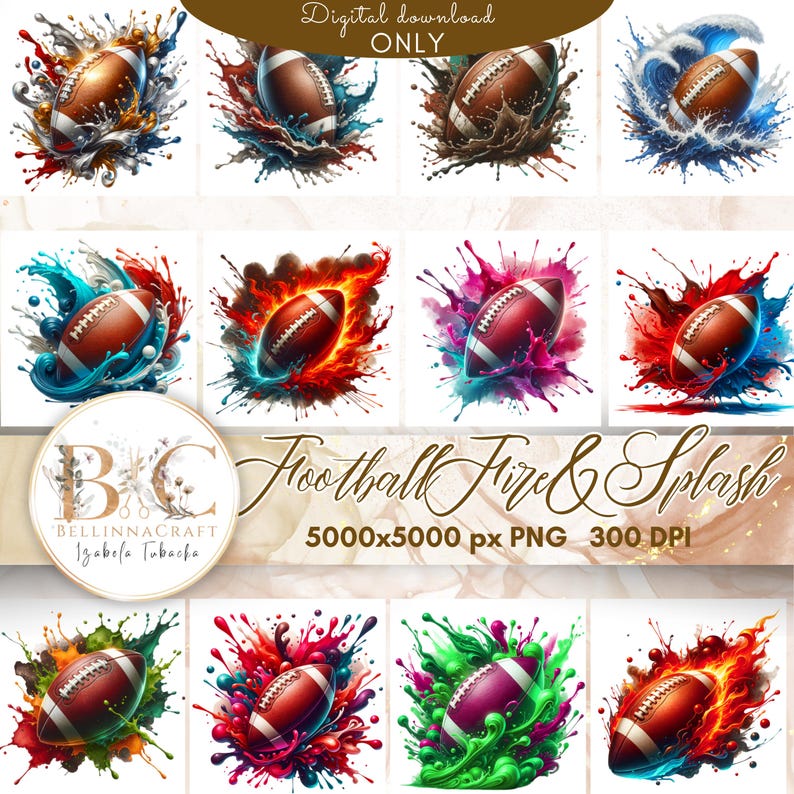 Watercolor Football Fire and Splash Clipart, Football Printable Art ...