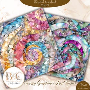 May include: Digital download of two mosaic designs with a gemstone swirl pattern. The designs feature a spiral motif with a mix of pink, blue, and gold tones. The text "Luxury Gamestone Swirl Mosaics" is visible.